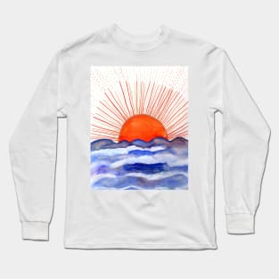 Golden Sun rising above the Ocean Watercolor Illustration Long Sleeve T-Shirt